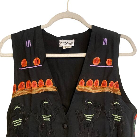 Vintage 90s Instyle New York Black Tribal Embroidered Fitted Rayon Vest Sz Small - Picture 5 of 16
